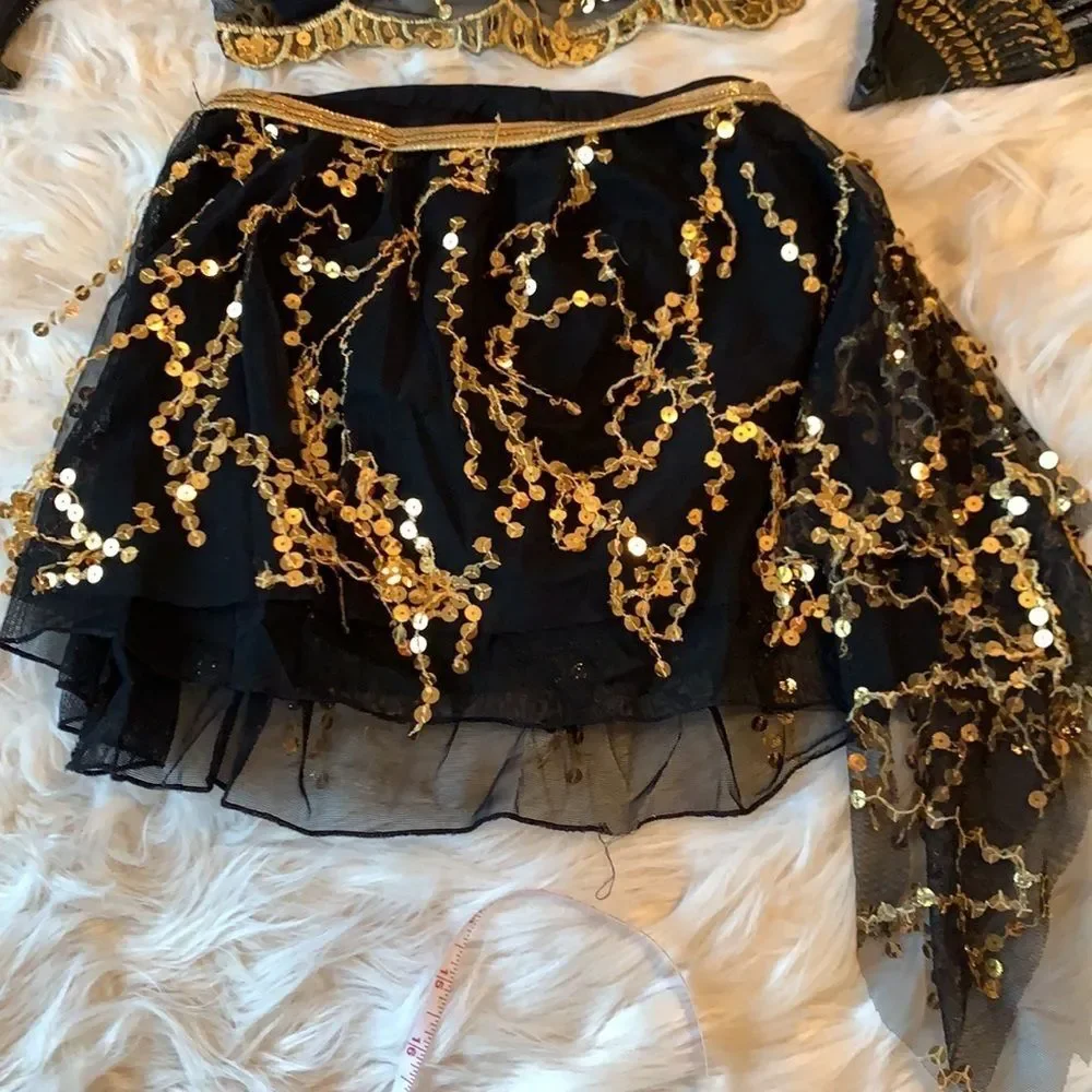 Belly Dance Spanish Arabian Style Black and Gold two piece Costume